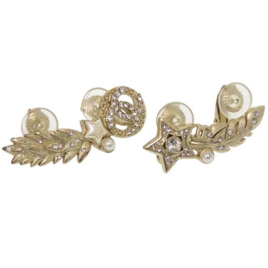 Chanel CC Star and Feather Clip-On Earrings, Faux Pearl and Crystal, Gold Tone, 2019 Cruise (C19K), with Box, view 1