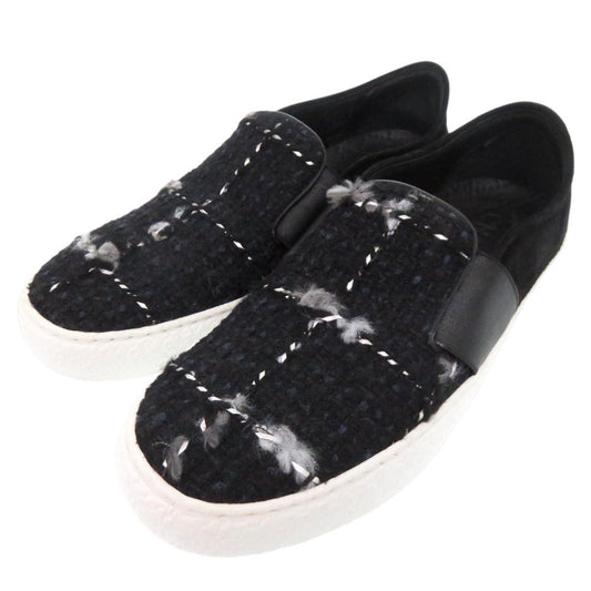 Chanel CC Tweed Slip-On Sneakers G31713, Black Suede and Leather, Size 37, view 1