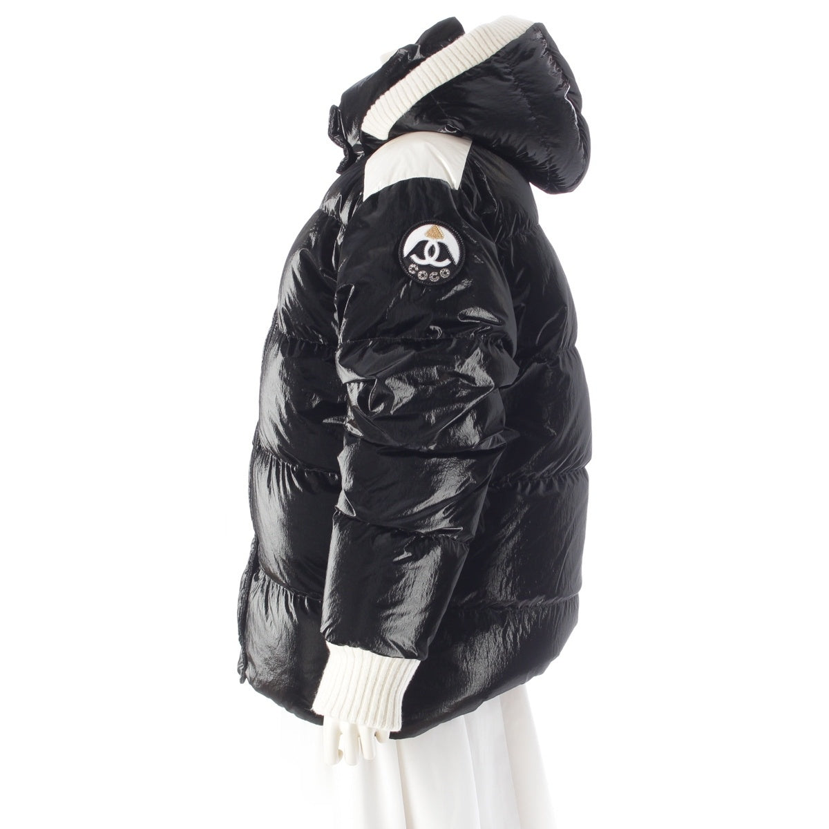 Chanel Coco Neige 2025/26 Puffer Down Jacket with Hood, Black and Ivory, CC Crystal Patch, Size 42, view 3