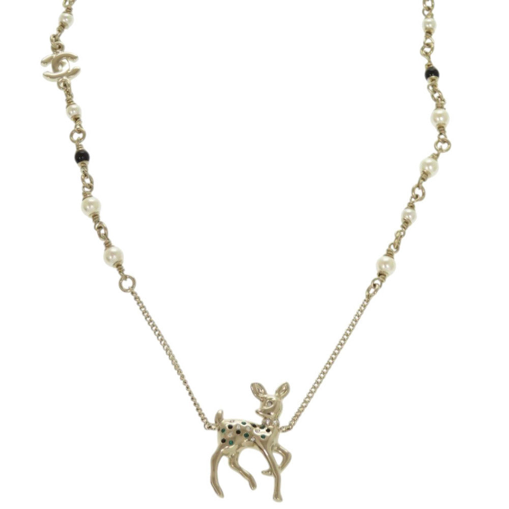 Chanel Fawn Pendant Necklace, Crystal-Set Deer with CC Chain, Gold Tone, with Box, view 1