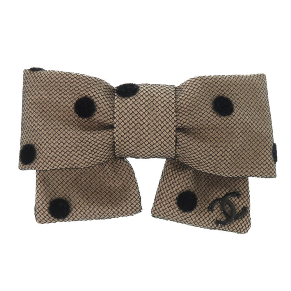 Chanel Dotted Tulle Bow Barrette, Beige and Black CC, Near Unused, with Box, view 1