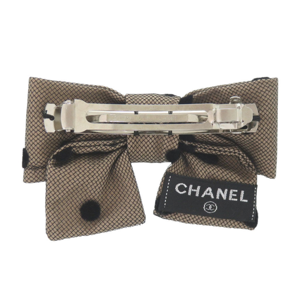 Chanel Dotted Tulle Bow Barrette, Beige and Black CC, Near Unused, with Box, view 3