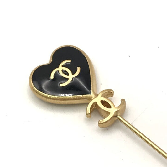 Chanel Heart Stick Pin with CC, Black Enamel, Gilt Metal, view 1