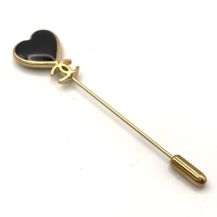 Chanel Heart Stick Pin with CC, Black Enamel, Gilt Metal, view 3