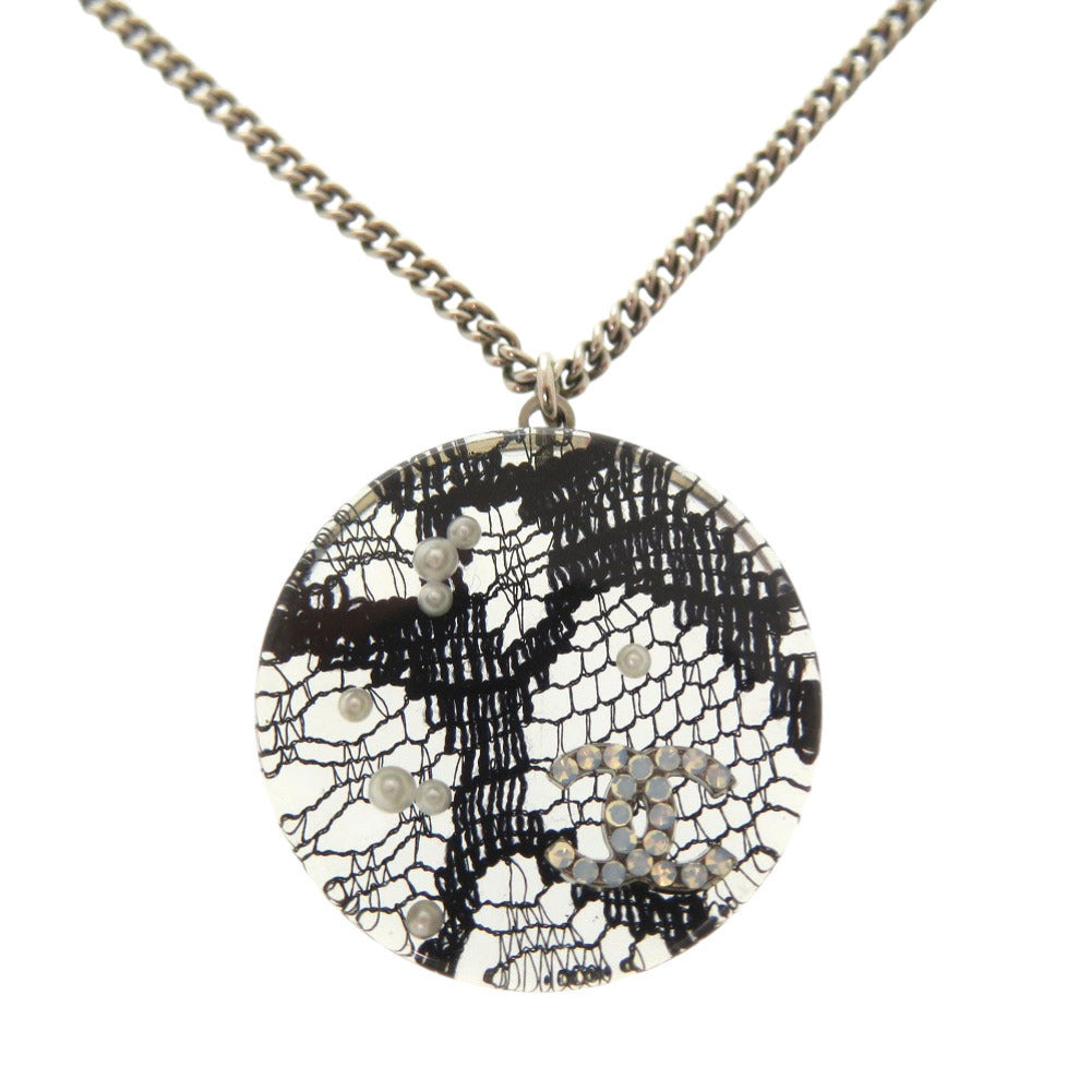 Chanel Lace Disc Pendant Necklace, Resin with Faux Pearls and Crystals, Gunmetal Chain, view 1