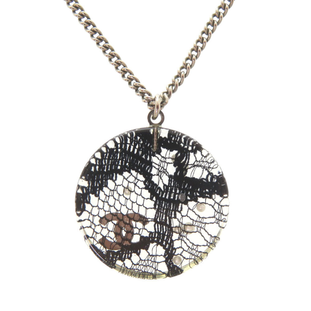 Chanel Lace Disc Pendant Necklace, Resin with Faux Pearls and Crystals, Gunmetal Chain, view 2