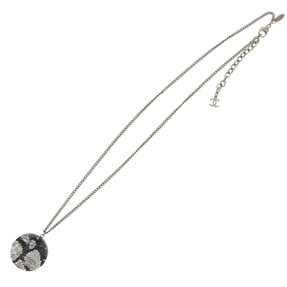 Chanel Lace Disc Pendant Necklace, Resin with Faux Pearls and Crystals, Gunmetal Chain, view 3