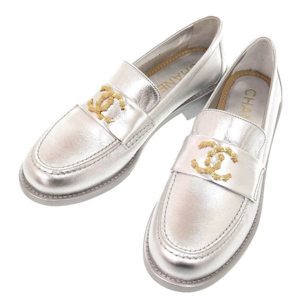 Chanel Loafers, Silver Metallic Leather with Gold CC, Unworn, Size 37C, view 1