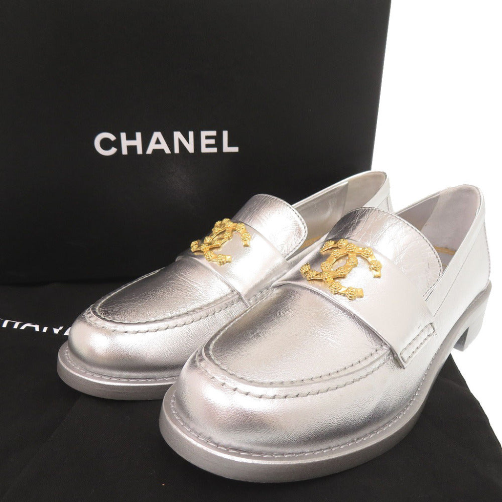 Chanel Loafers, Silver Metallic Leather with Gold CC, Unworn, Size 37C, view 2