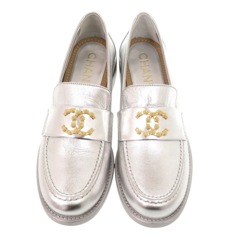 Chanel Loafers, Silver Metallic Leather with Gold CC, Unworn, Size 37C, view 3