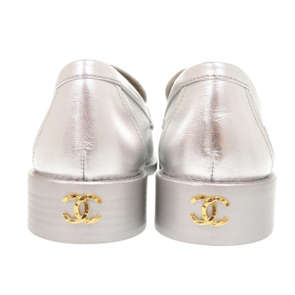 Chanel Loafers, Silver Metallic Leather with Gold CC, Unworn, Size 37C, view 4