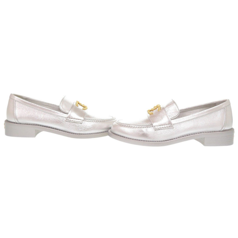 Chanel Loafers, Silver Metallic Leather with Gold CC, Unworn, Size 37C, view 6