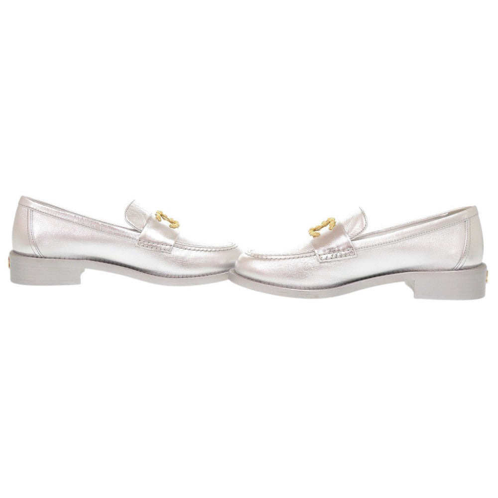 Chanel Loafers, Silver Metallic Leather with Gold CC, Unworn, Size 37C, view 7