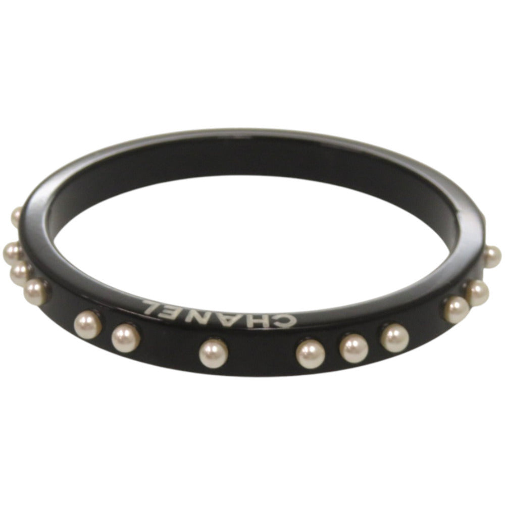 Chanel Logo Bangle, Black Resin Studded with Faux Pearls, Made in France, view 4