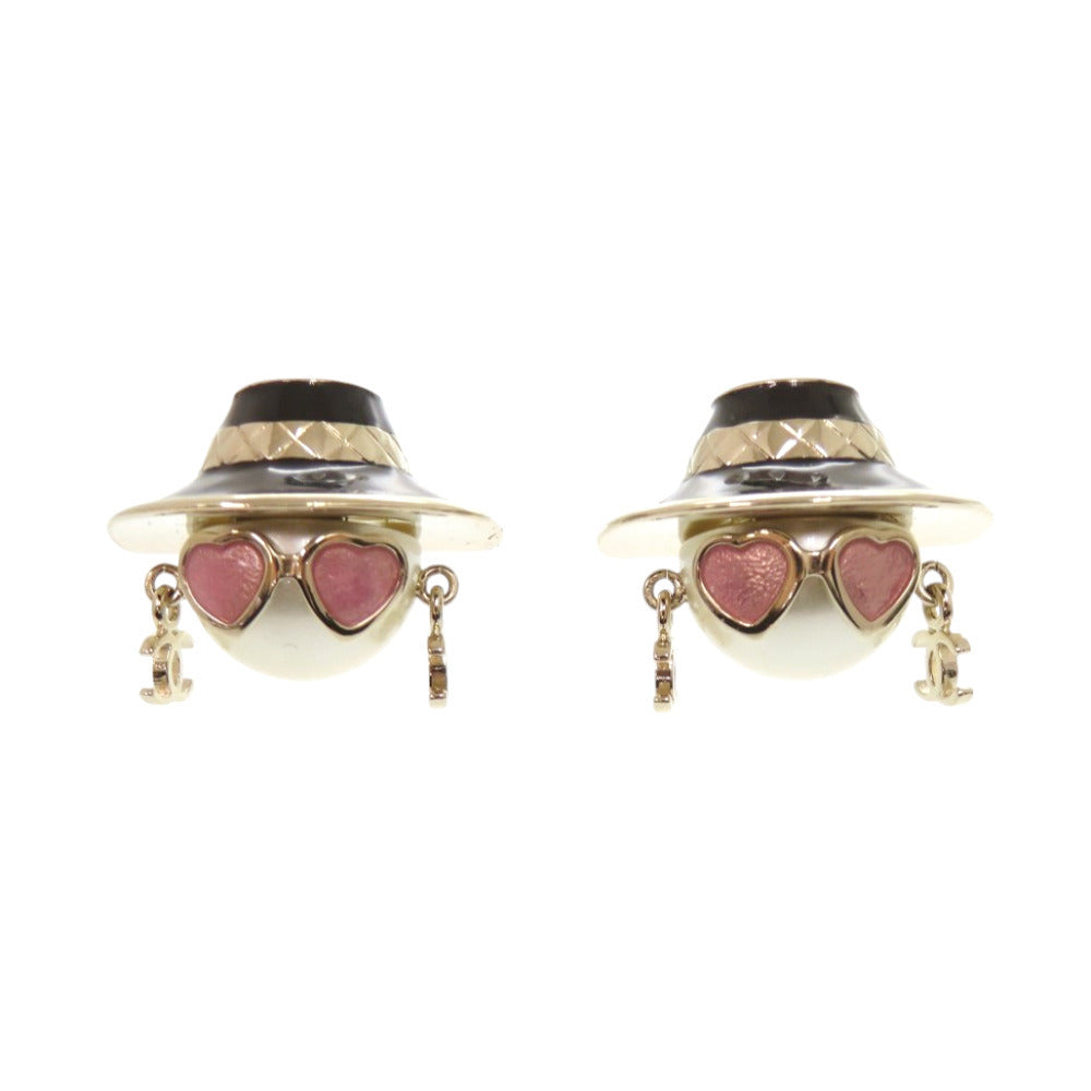Chanel Mademoiselle Doll Earrings, Faux Pearl Face under a Black Boater, Gold Tone, with Box, view 1