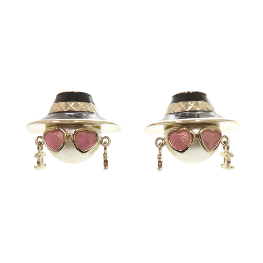 Chanel Mademoiselle Doll Earrings, Faux Pearl Face under a Black Boater, Gold Tone, with Box, view 1