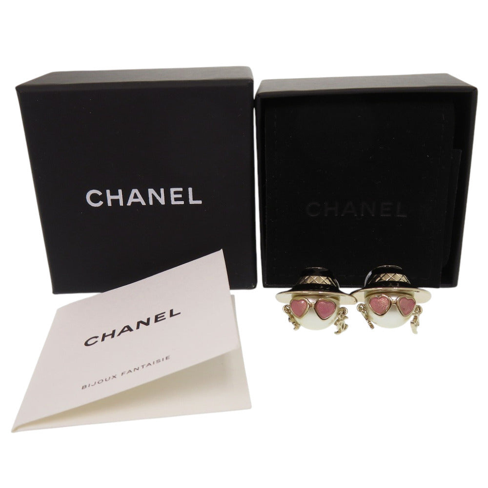 Chanel Mademoiselle Doll Earrings, Faux Pearl Face under a Black Boater, Gold Tone, with Box, view 2