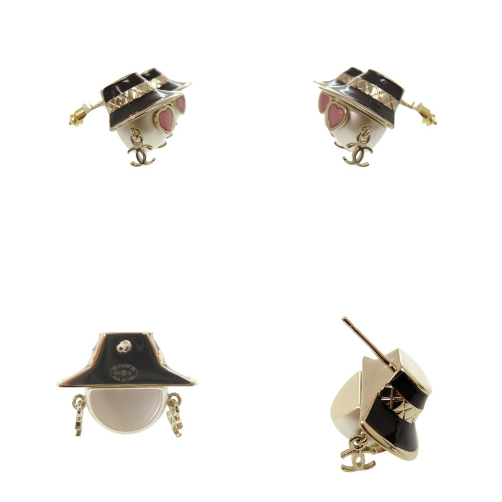 Chanel Mademoiselle Doll Earrings, Faux Pearl Face under a Black Boater, Gold Tone, with Box, view 4