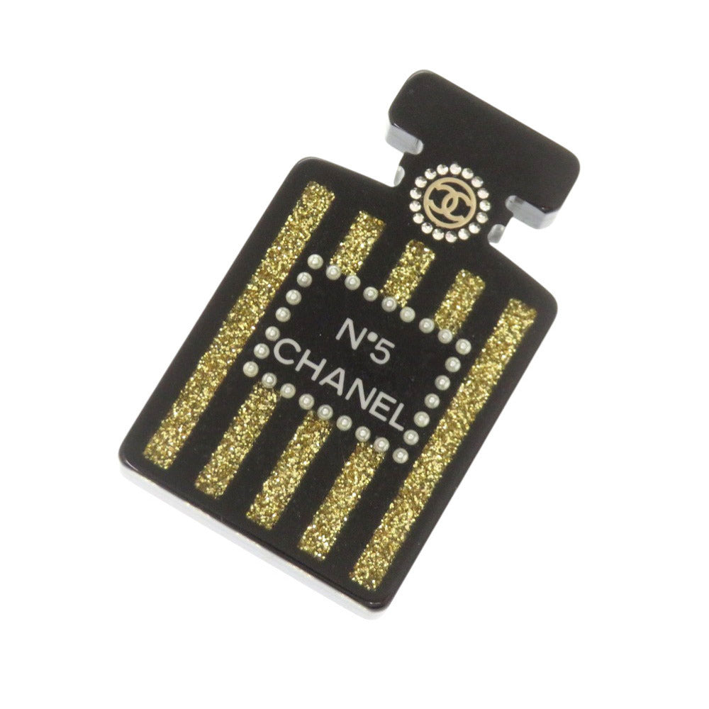 Chanel N°5 Perfume Bottle Brooch, Black Resin with Gold Glitter Stripes, Autumn 2017 (17A), with Box, view 1