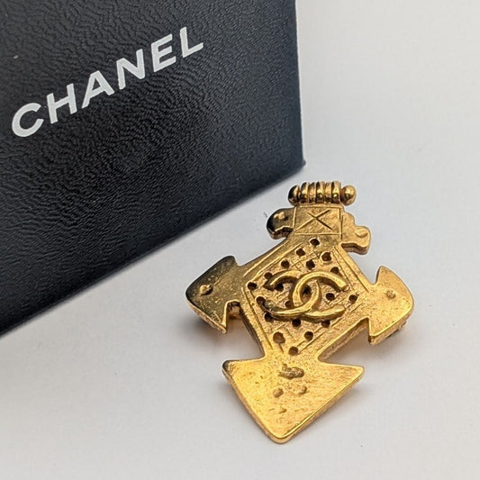 Chanel Pierced Cross Brooch with CC, Gilt Metal, Spring 1994 (94P), Boxed, view 1