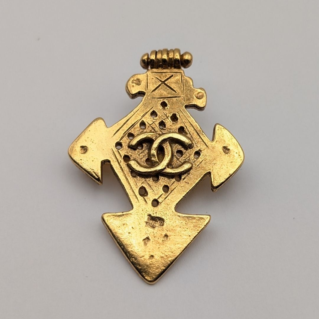 Chanel Pierced Cross Brooch with CC, Gilt Metal, Spring 1994 (94P), Boxed, view 2