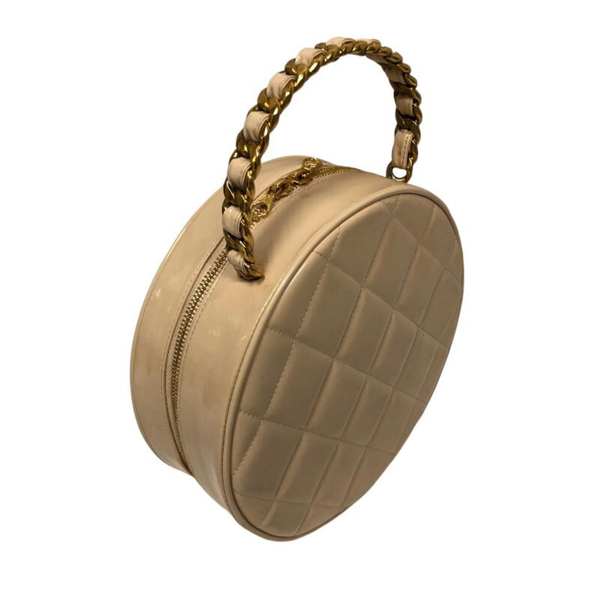 CHANEL Round Enamel Vanity Bag, Beige and Black with Oversized CC, Gold-Tone Braided Chain Handle, Vintage, photograph 2 of 10