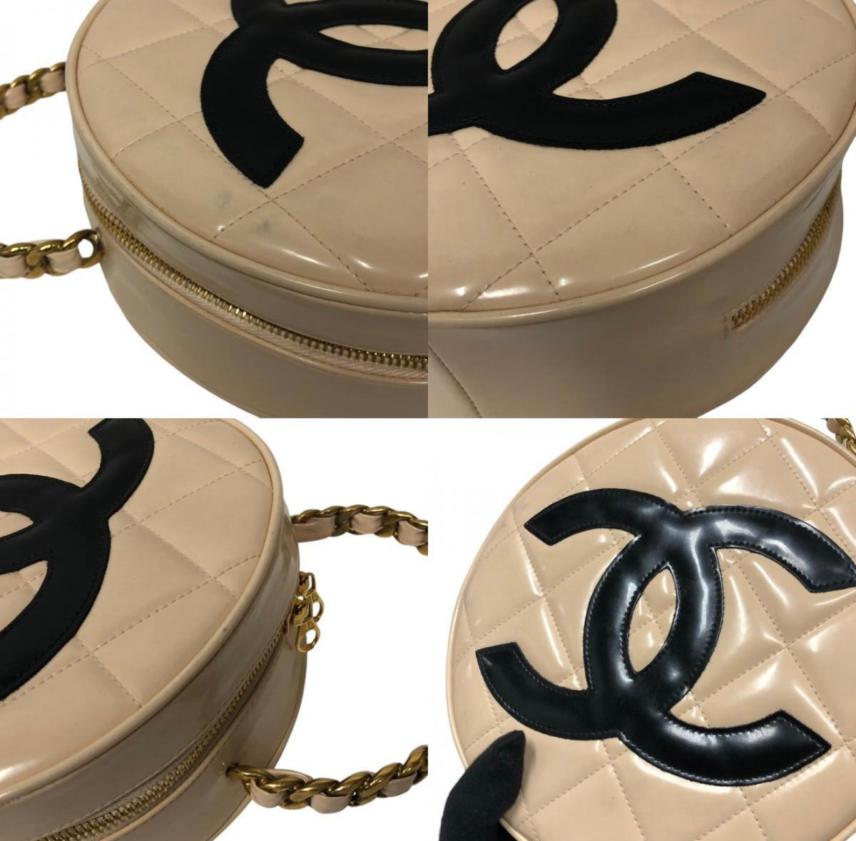 CHANEL Round Enamel Vanity Bag, Beige and Black with Oversized CC, Gold-Tone Braided Chain Handle, Vintage, photograph 9 of 10