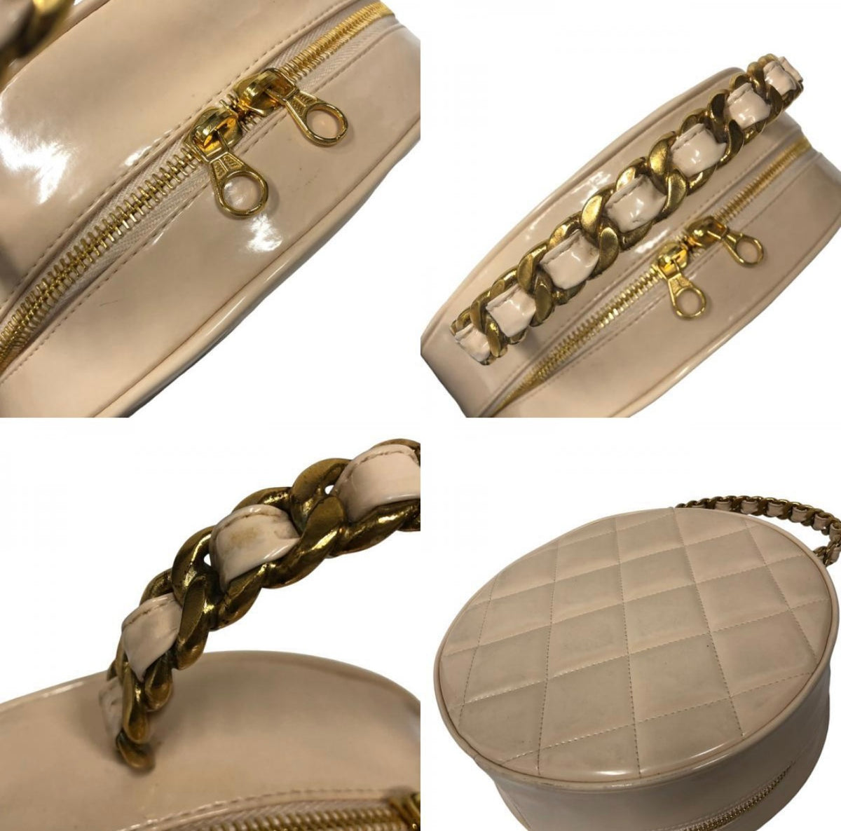 CHANEL Round Enamel Vanity Bag, Beige and Black with Oversized CC, Gold-Tone Braided Chain Handle, Vintage, photograph 10 of 10