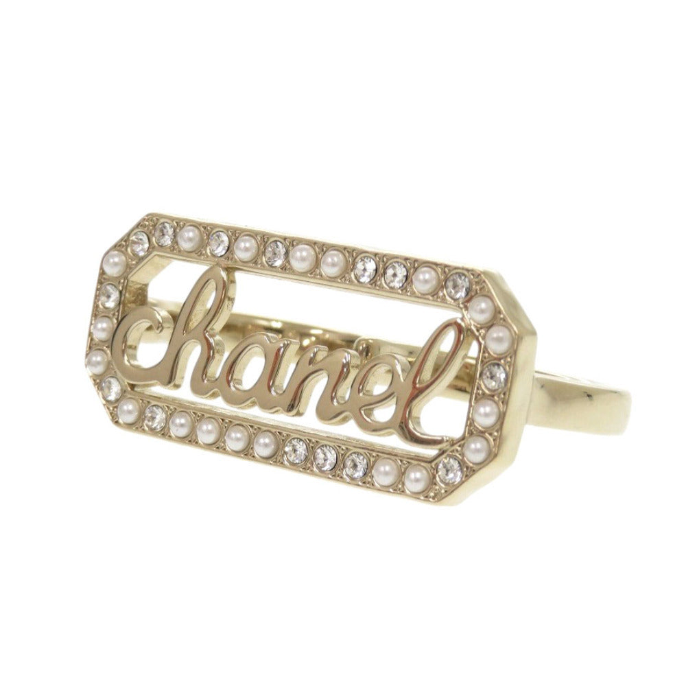 Chanel Script Logo Crystal Double-Finger Ring, Gold Tone, Autumn 2023 (23B), with Box, view 1