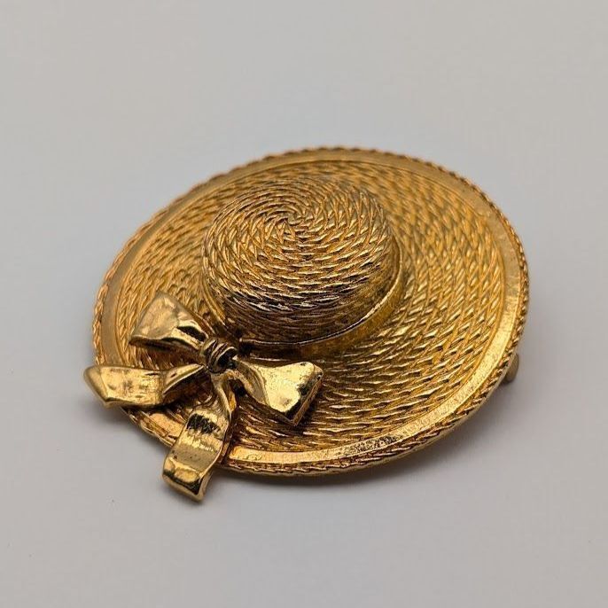 Chanel Straw Boater Hat Brooch, Gilt Metal, Early Vintage, view 1