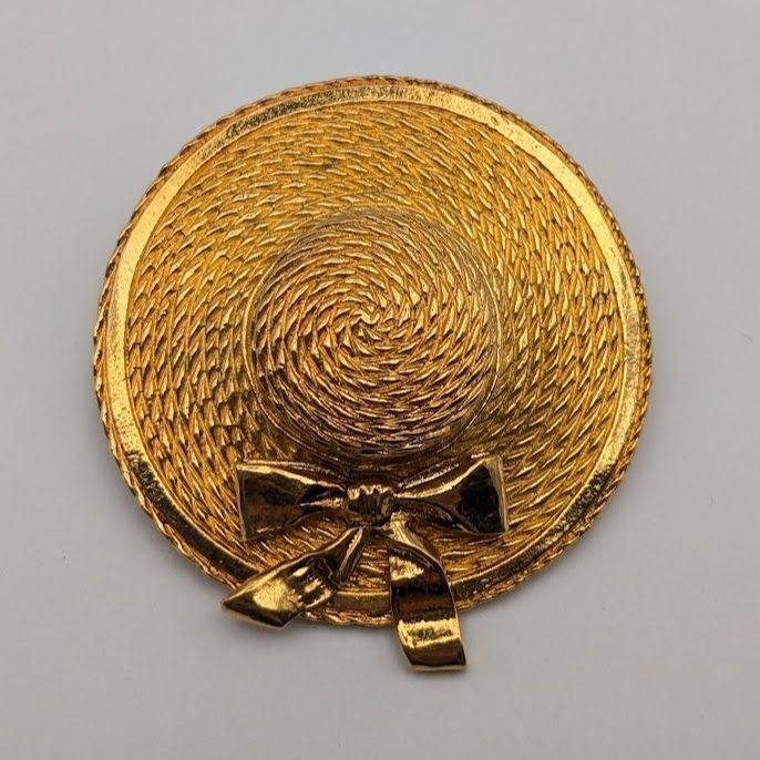 Chanel Straw Boater Hat Brooch, Gilt Metal, Early Vintage, view 2