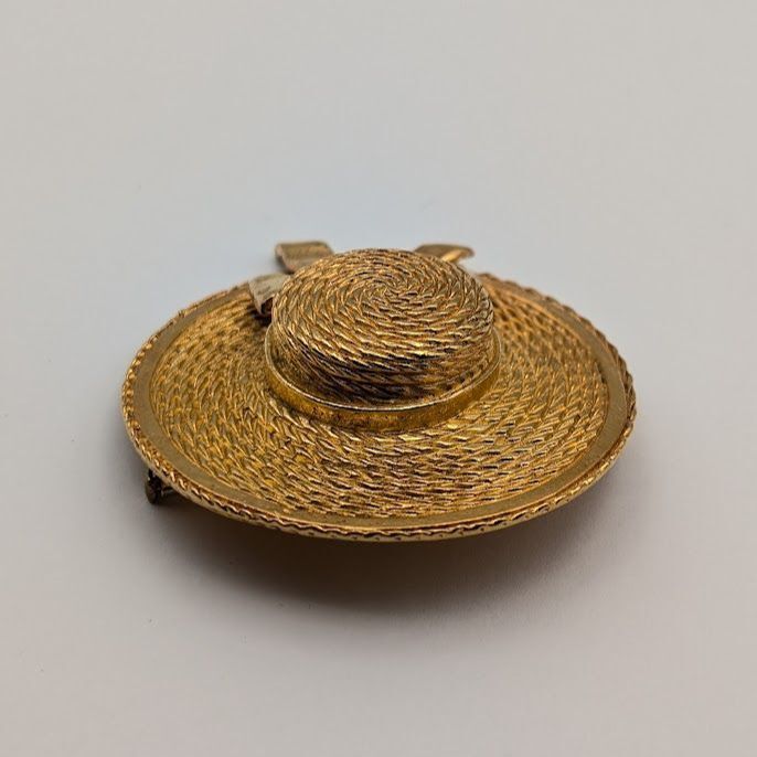 Chanel Straw Boater Hat Brooch, Gilt Metal, Early Vintage, view 3
