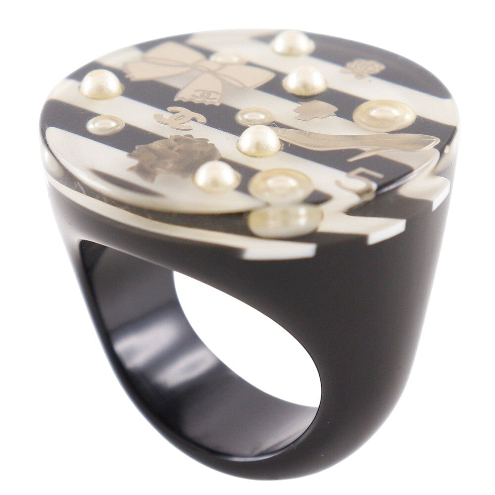 Chanel Striped Resin Cocktail Ring, Inlaid Pearls, Bow, Slipper Charms, view 1