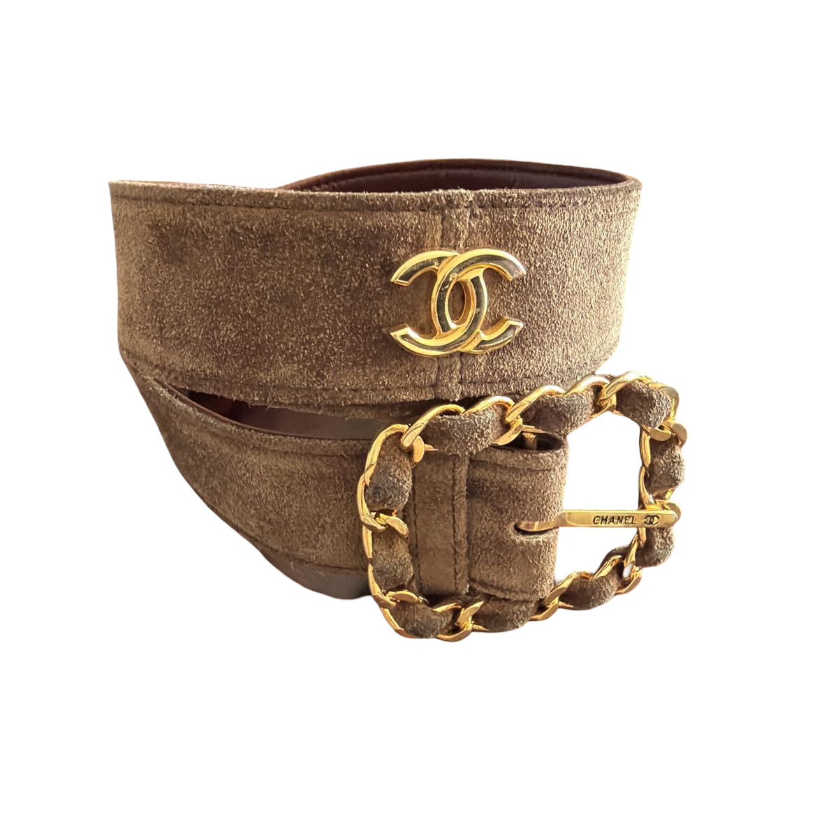 Chanel brown suede belt with chain-woven CC buckle, vintage – coiled belt showing the CC charm and chain-woven buckle