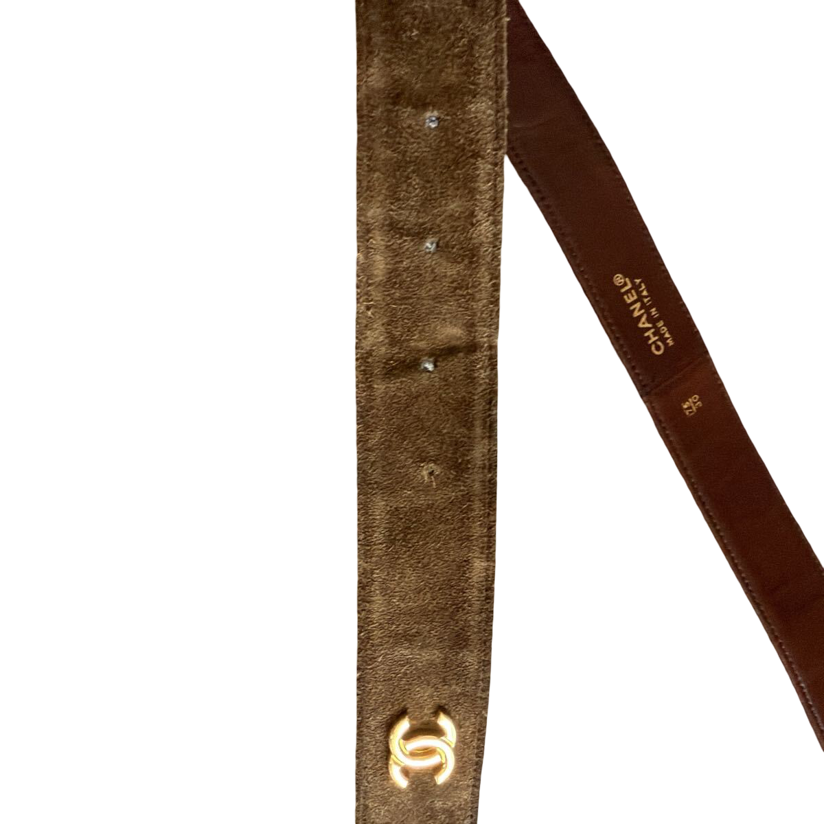 Chanel brown suede belt with chain-woven CC buckle, vintage – punched holes and CC charm on the tip