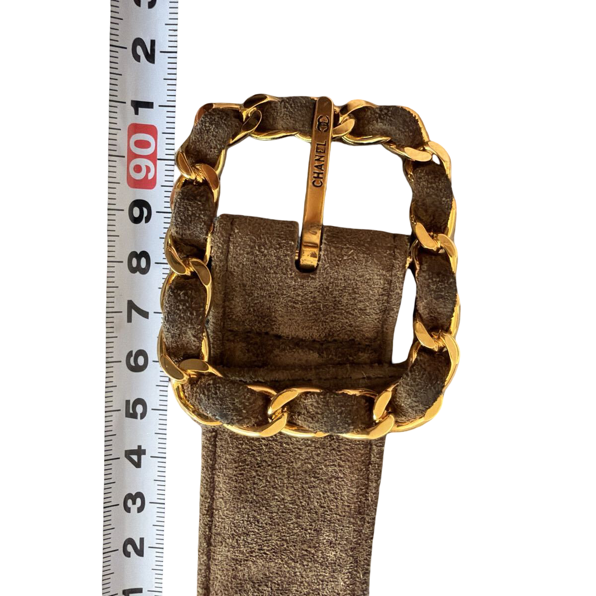 Chanel brown suede belt with chain-woven CC buckle, vintage – chain-woven buckle beside a ruler for scale