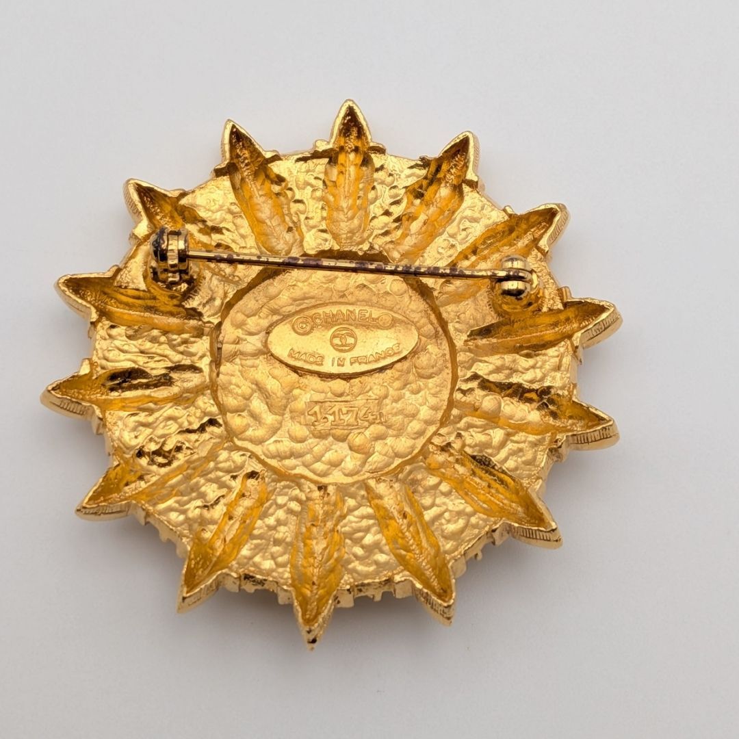 Chanel Sunburst Emblem Brooch with Crest, Gilt Metal, Early Vintage, view 4