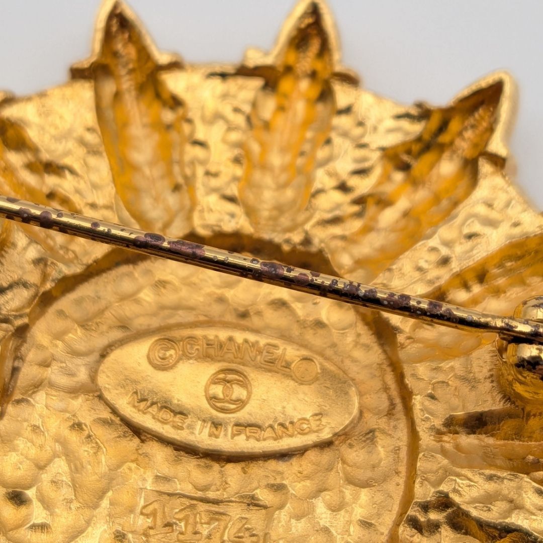 Chanel Sunburst Emblem Brooch with Crest, Gilt Metal, Early Vintage, view 5