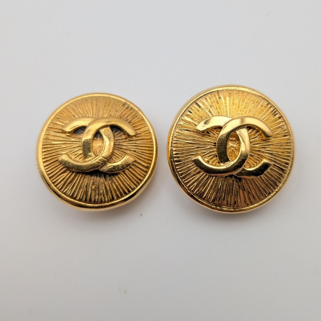 Chanel Sunray Disc Clip-On Earrings with CC, Gilt, Early Vintage, view 1