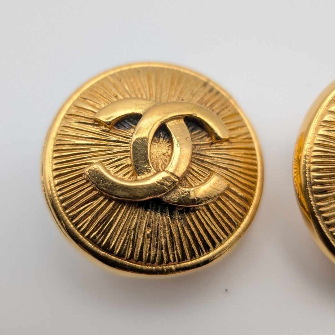 Chanel Sunray Disc Clip-On Earrings with CC, Gilt, Early Vintage, view 3