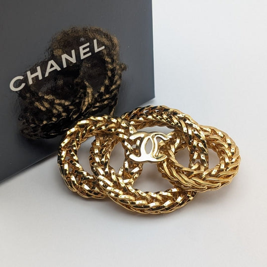Chanel Triple Rope Ring Brooch with CC, Gilt Metal, Early Vintage, Boxed, view 1