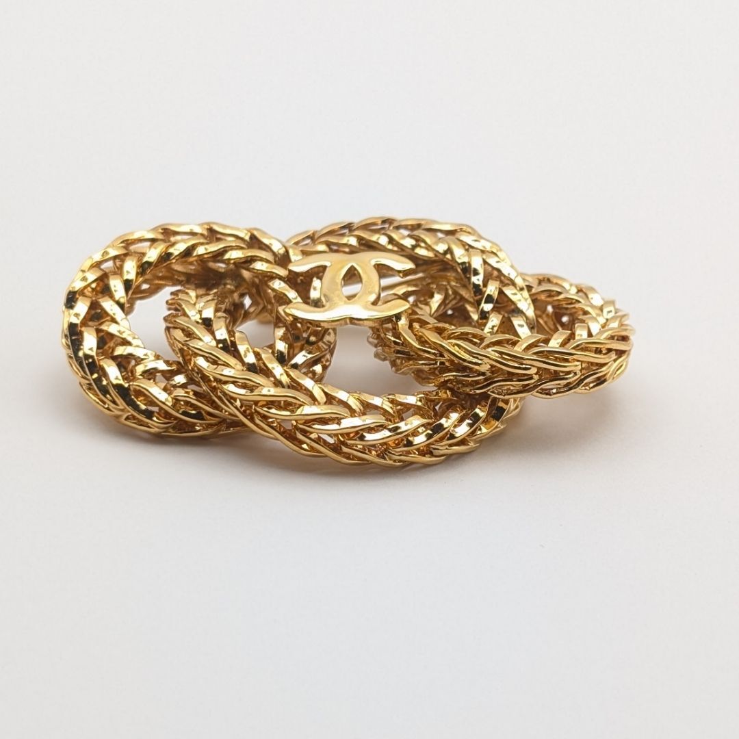 Chanel Triple Rope Ring Brooch with CC, Gilt Metal, Early Vintage, Boxed, view 3