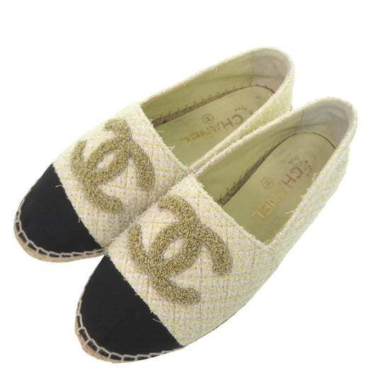 Chanel Tweed Espadrilles, Ivory with Black Cap Toe and Metallic CC, Size 36, view 1