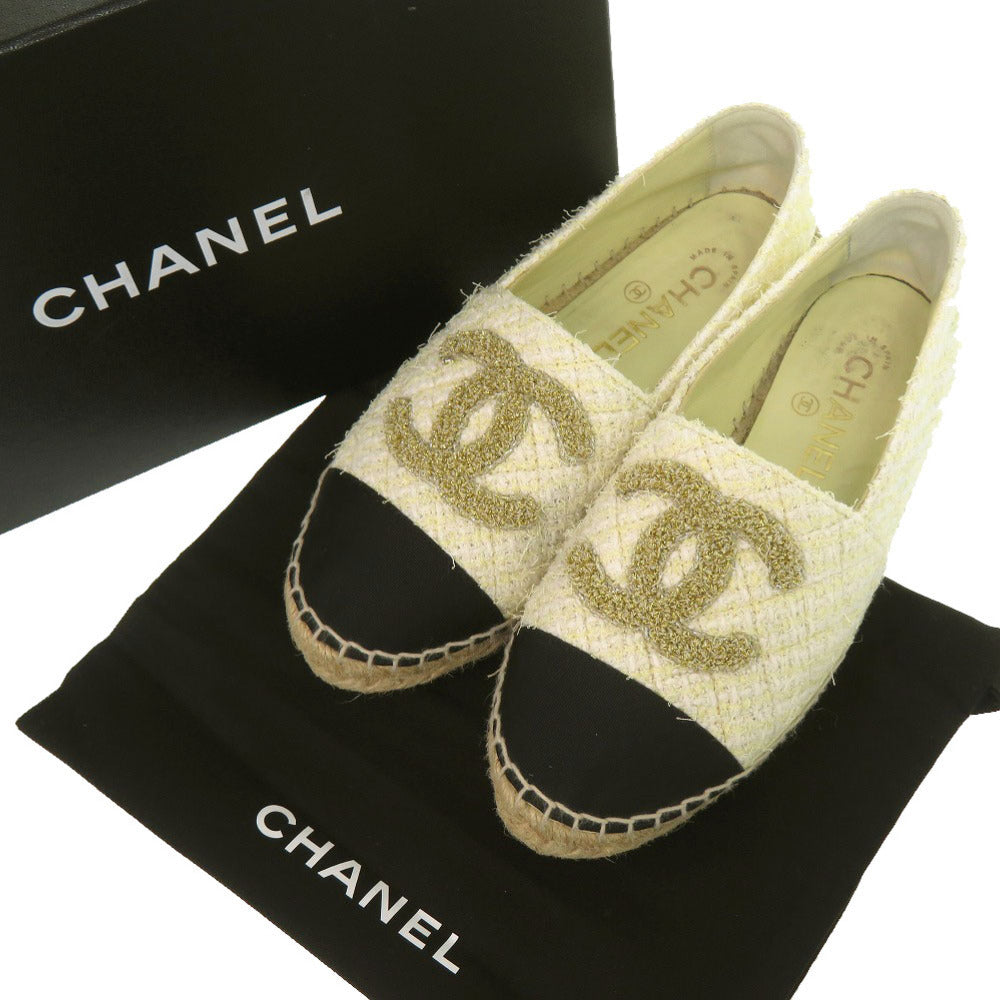 Chanel Tweed Espadrilles, Ivory with Black Cap Toe and Metallic CC, Size 36, view 2