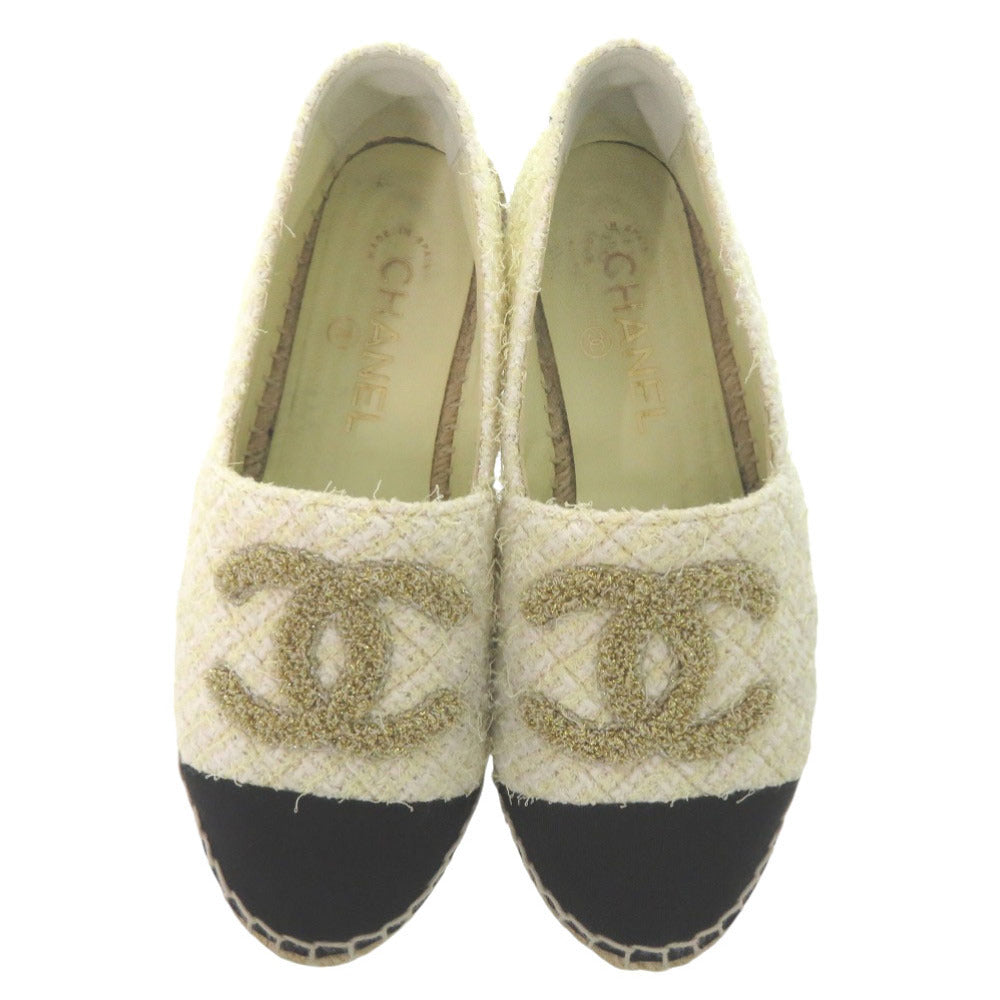 Chanel Tweed Espadrilles, Ivory with Black Cap Toe and Metallic CC, Size 36, view 3