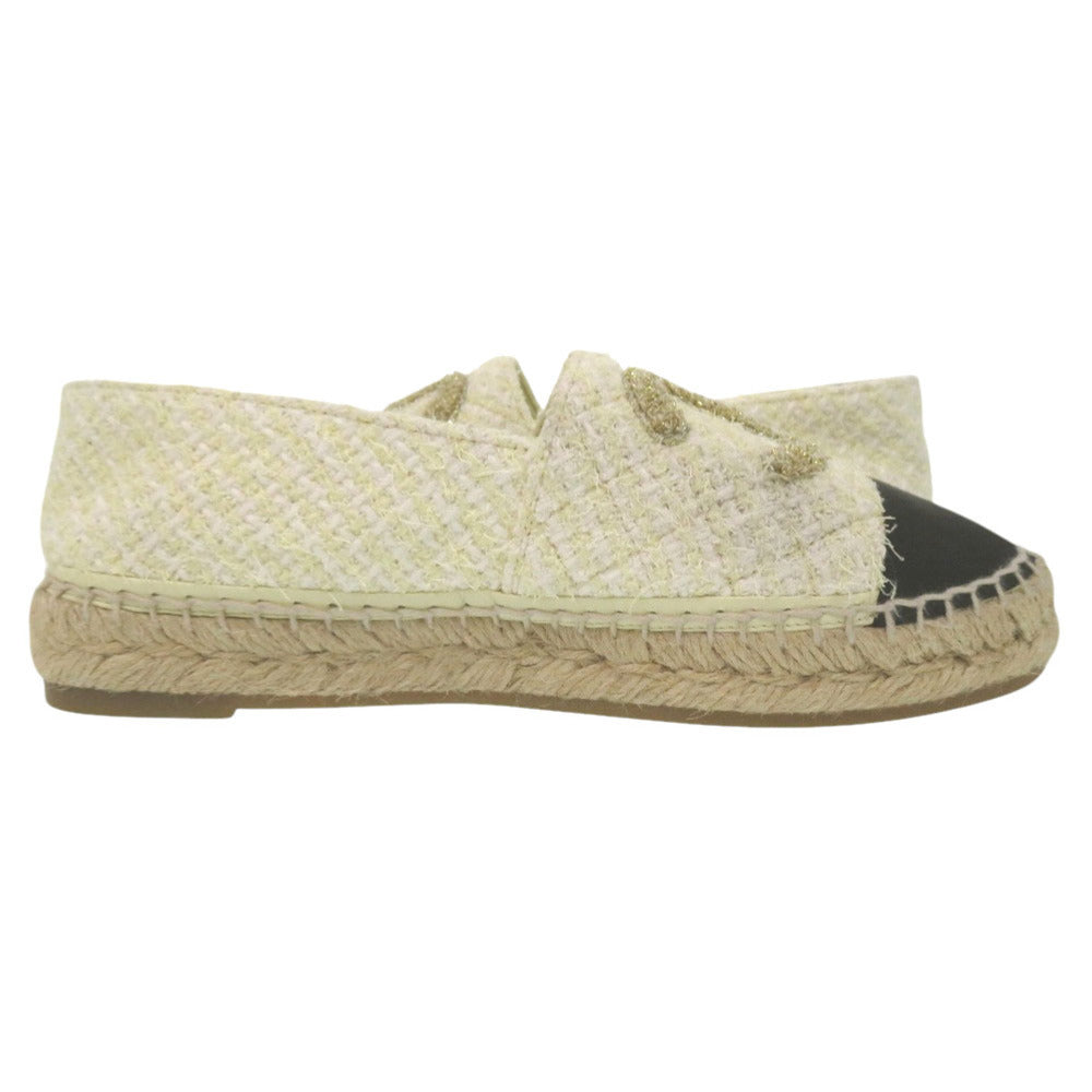 Chanel Tweed Espadrilles, Ivory with Black Cap Toe and Metallic CC, Size 36, view 4