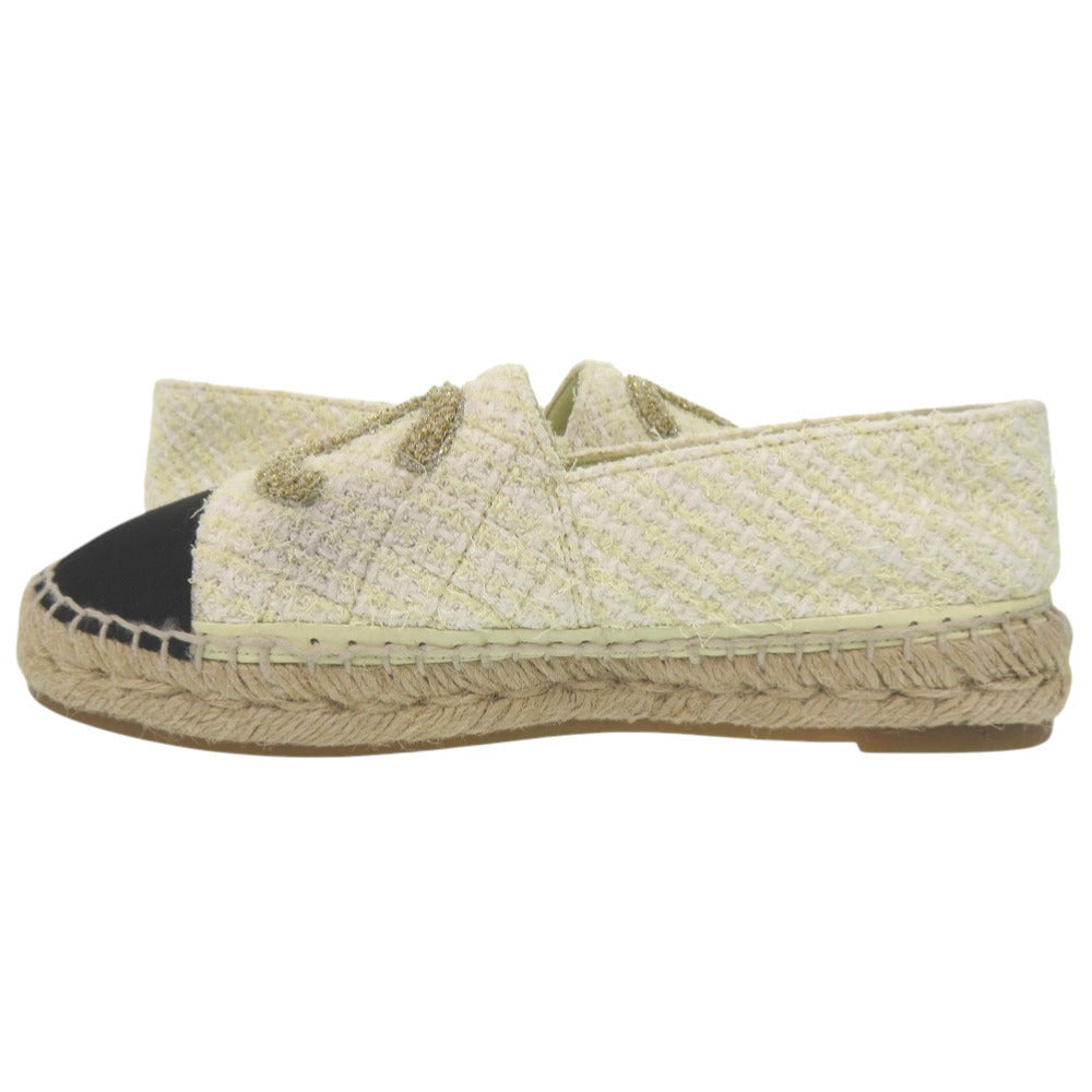Chanel Tweed Espadrilles, Ivory with Black Cap Toe and Metallic CC, Size 36, view 5