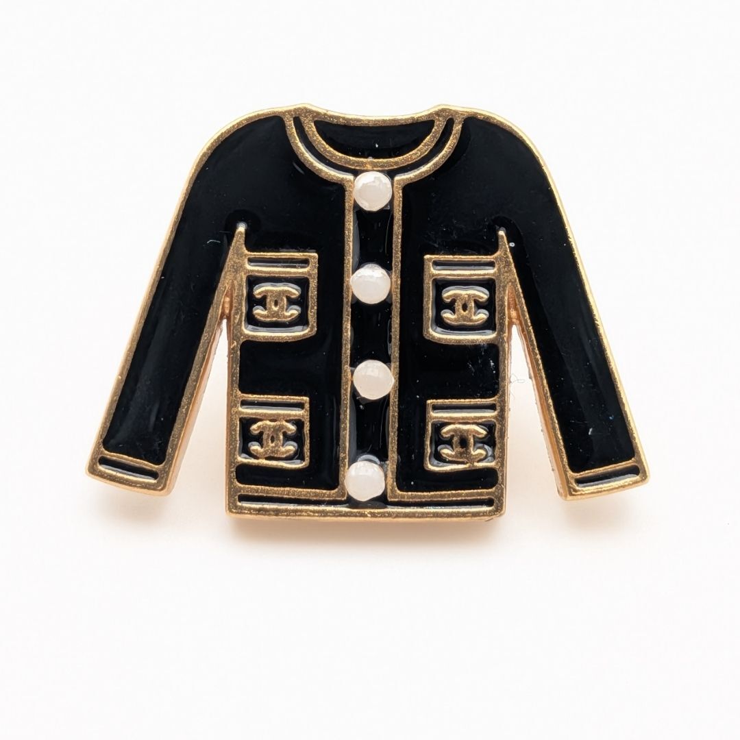 Chanel Black Enamel Jacket Pin Brooch with Faux Pearls, Autumn 2002 (02A), view 1