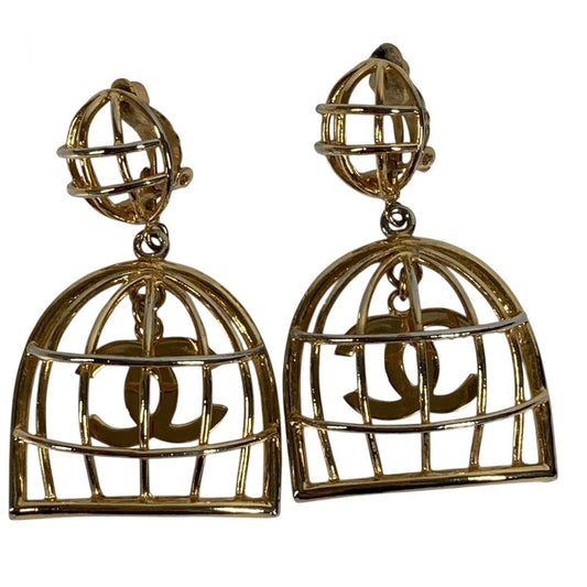 Chanel Vintage Birdcage CC Clip-On Drop Earrings, Gold Tone, Large Statement Pair, view 1