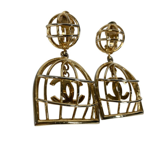 Chanel Vintage Birdcage CC Clip-On Drop Earrings, Gold Tone, Large Statement Pair, view 2